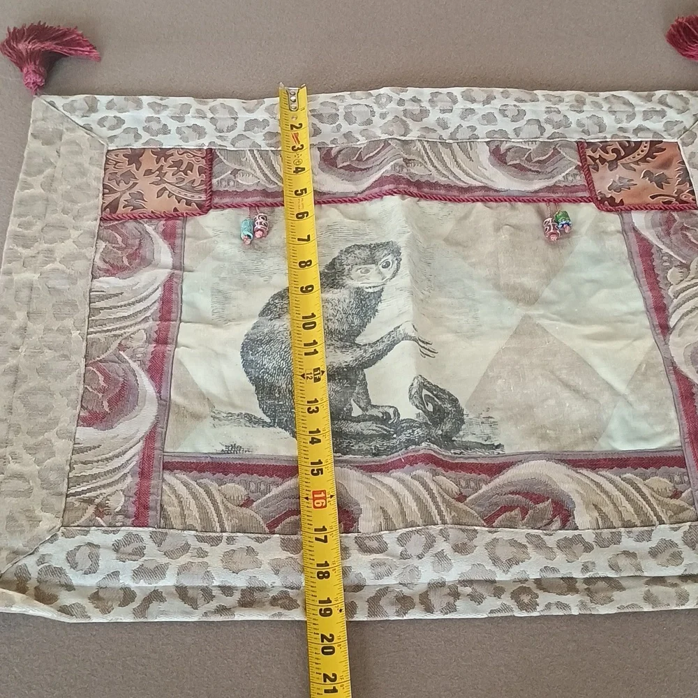 PILLOW SHAMS SET OF TWO WITH MONKEYS AND TASSELS BURGUNDY TAN LEOPARD PRINT